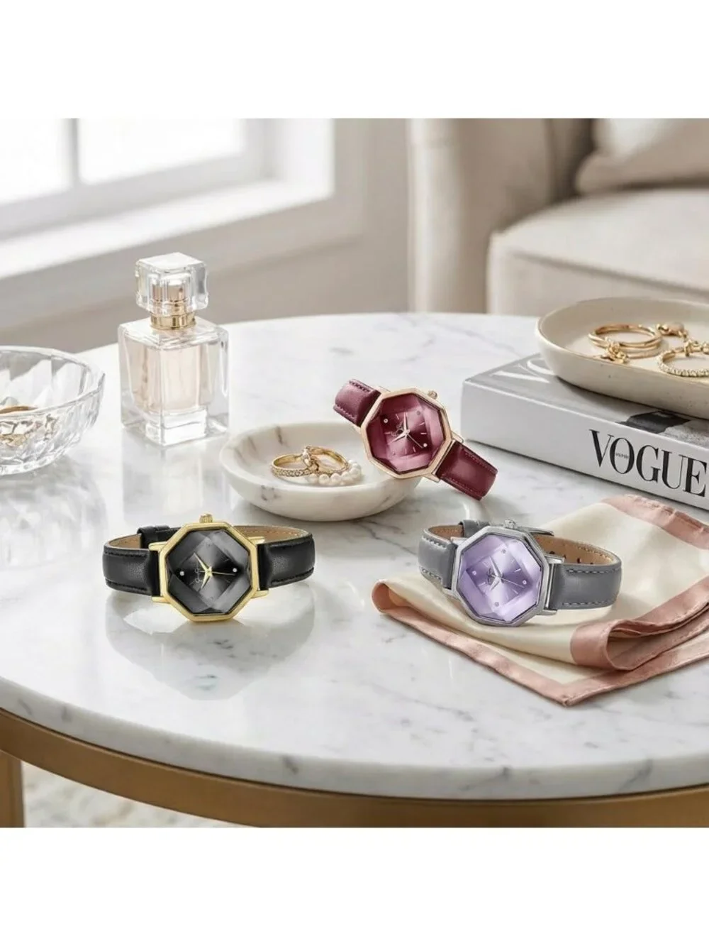 Women's Silver Leather Band Octagon Faceted Crystal Dial Classic Wrist Watch